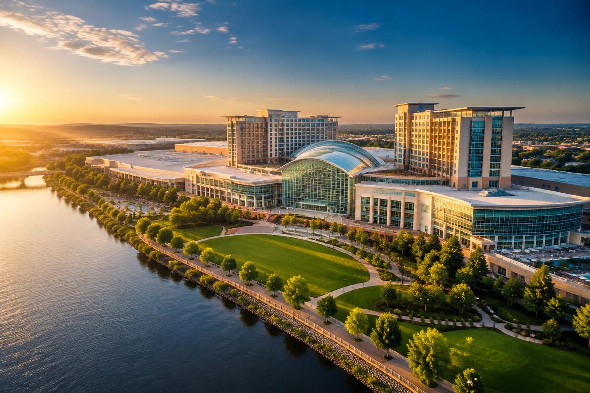 Aerial view of the Gaylord Texan Resort in morning light